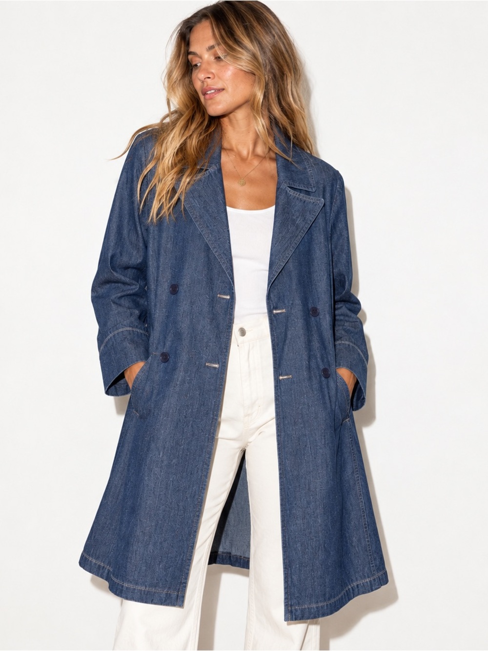 Eileen Fisher Double Breasted Denim Trench Coat Dark Indigo Large Organic Cotton